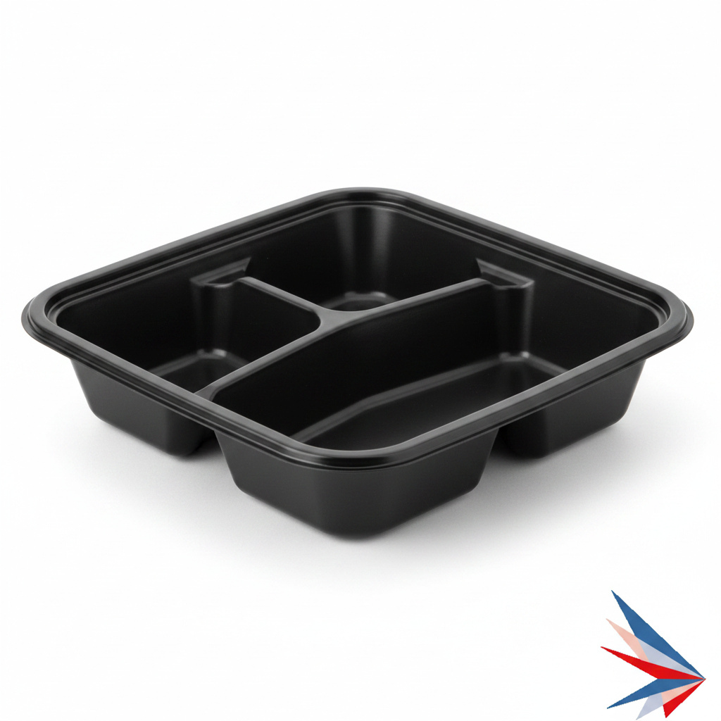 9x9 Black PP Clamshell - 3 Compartments