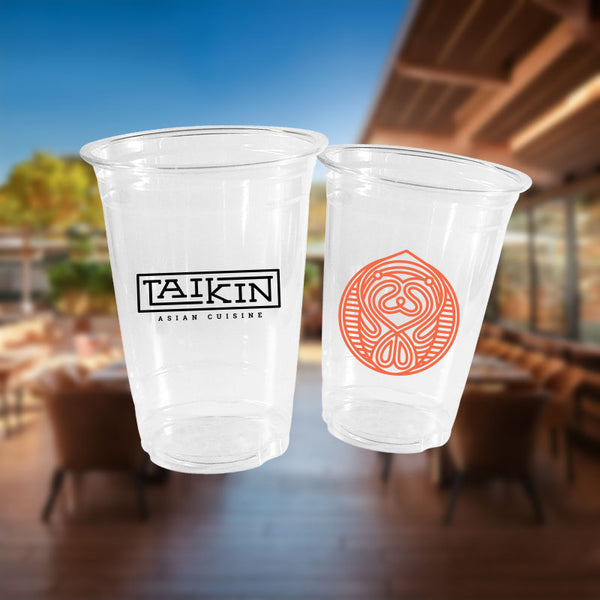 Clear PP cold cups custom printed with two restaurant logos