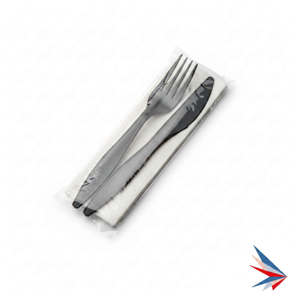 Black PP Heavyweight Cutlery Kit - Fork, Knife & Napkin
