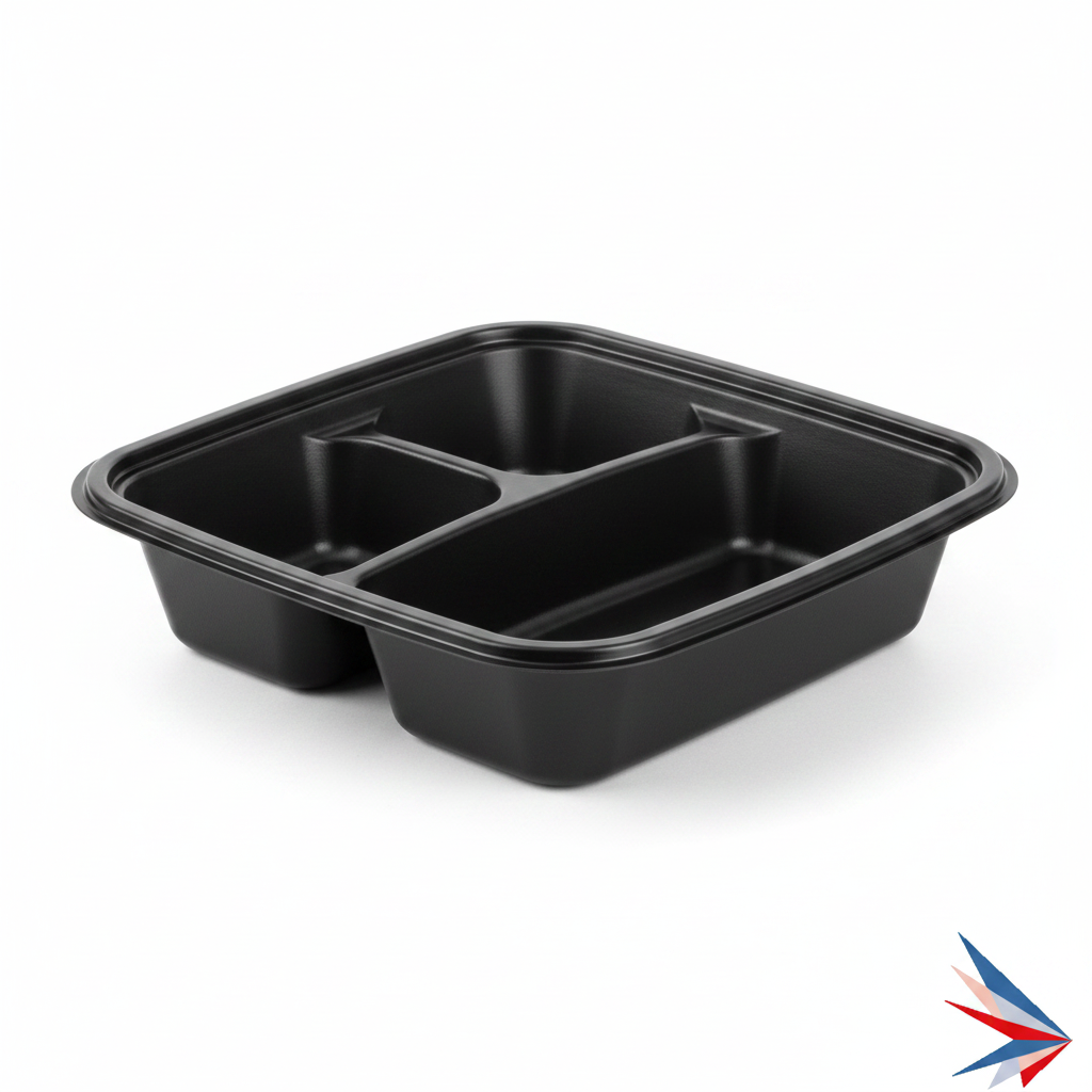 8x8 Black PP Clamshell - 3 Compartments