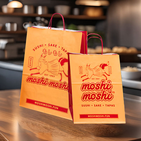 Kraft paper take-out bags custom printed with a restaurant logo