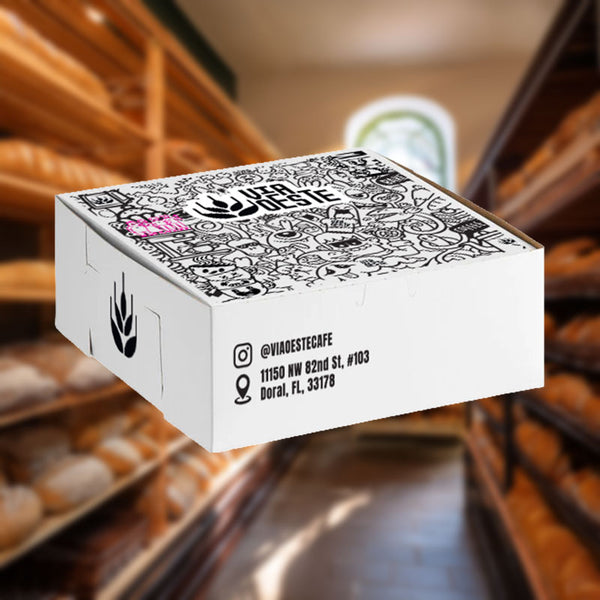 White bakery box custom printed with a bakery's illustrated design