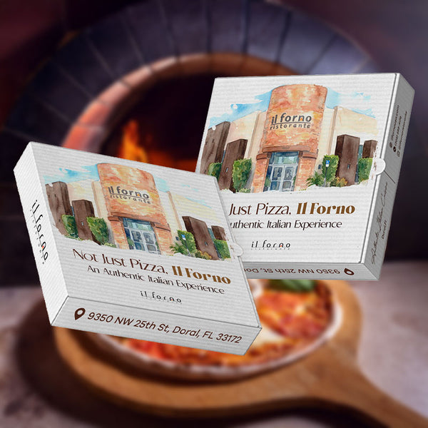 White B-flute pizza boxes printed with a pizzeria's branding