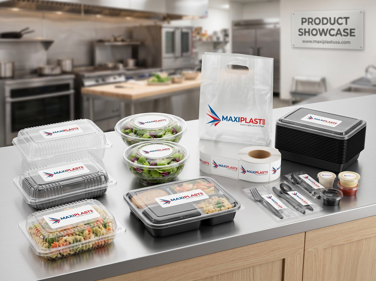 Take-out containers, sauce cups and a kraft paper bag being packed for delivery