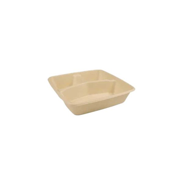 Square food box natural pulp base 8 inch 3 compartments